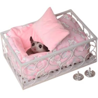 Imagem de Copfeu Gaiola de planador de açúcar plataforma de metal com ninho quente conjunto de cama de porquinho da índia plataforma de rato pequeno animal cesta de hamster para rato (rosa, grande)