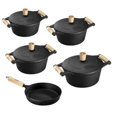 Imagem de Jogo de Panelas 5 Peças em Ferro Fundido e Alça de Madeira Panela Mine