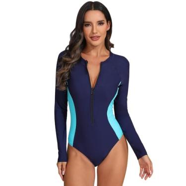 Imagem de ABAFIP Maiô feminino de manga comprida Rash Guard, cor block, peça única, com zíper frontal, roupa de banho atlética, Azul marinho, M