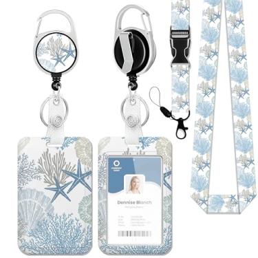 Imagem de Porta-crachá de identificação de estrela do mar com concha azul, cordões para crachás de identificação, porta-crachás com chaveiro retrátil de separação, protetor de cartão, presentes para professores