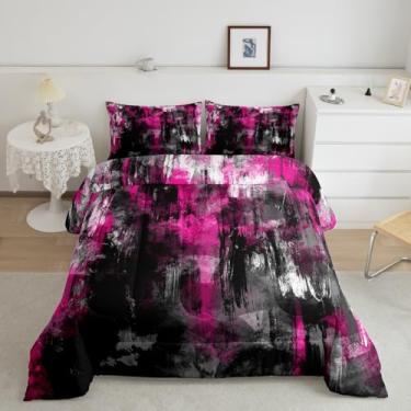 Imagem de jejeloiu Conjunto de cama geométrico abstrato, tamanho casal, rosa, preto, para meninos, meninas, adolescentes, arte moderna, edredom respirável, macio, leve, de microfibra, geométrico, decoração de