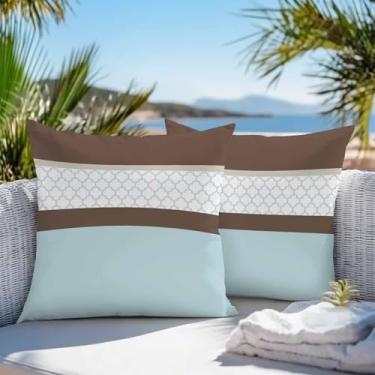 Imagem de SELINGY Conjunto de 2 capas de almofada vintage listradas xadrez à prova d'água 40,6 x 40,6 cm, fronhas decorativas azuis e marrons para móveis de pátio, jardim, varanda, decoração de sofá