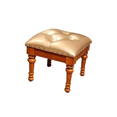 Imagem de OUZVI Banqueta de madeira rústica com estofamento de couro, mesa de centro baixa vintage e banco de troca de sapatos para sala de estar, entrada retangular, apoio para os pés, otomano para decoração