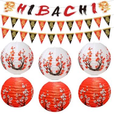 Imagem de Gameza Decorações de festa de aniversário Hibachi - 9 peças decorações de festa japonesa Hibachi estilo japonês guirlanda vermelha branca ameixa lanterna japonesa tema asiático chá de bebê casamento