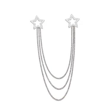 Imagem de Broche de corrente de coração de coração de strass prata broche de colar para mulheres homens brilhantes em camadas longas corrente pendurada lapela broche broche corpete terno terno casaco vestido