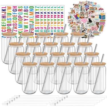 Imagem de Paoren Copos de plástico transparente de 473 ml, reutilizáveis com tampas e canudos de bambu e adesivo DIY, pacote com 20 frascos de acrílico para café gelado, copos para piquenique no parque, à beira