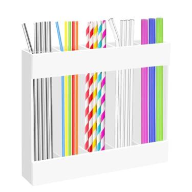 Imagem de Organizador de canudo para armário, recipiente de armazenamento de canudos de acrílico com fita adesiva dupla face, suporte de canudo reutilizável para porta de armário de balcão de cozinha (branco)