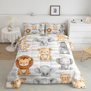 Imagem de Feelyou Conjunto de edredom solteiro com estampa de elefante e leão, leopardo, zebra, safári, camuflagem, respirável, 3D, animais selvagens, conjunto de edredom