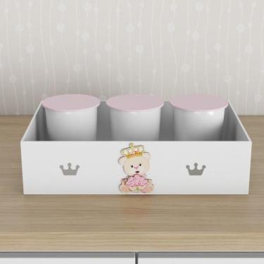 Imagem de Trio de Potes e Bandeja Kit Higiene MDF Ursa Floral - Neném na Nuvem, 