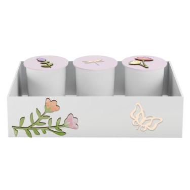 Imagem de Trio de Potes e Bandeja Kit Higiene MDF Flores - Neném na Nuvem, ROSA