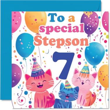 Imagem de Cartão de aniversário 7th Step Son - Cute Cats Special Step Son - Cartão feliz de 7º aniversário para enteado da madrasta, 145 mm x 145 mm, 7 anos, sete cartões comemorativos para enteado