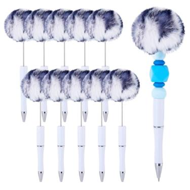Imagem de Spritewelry Caneta esferográfica de pelúcia retrátil e fofa, pompom, 10 peças, faça você mesmo, canetas esferográficas de plástico com eixo, tinta preta para escritório, escola, branca