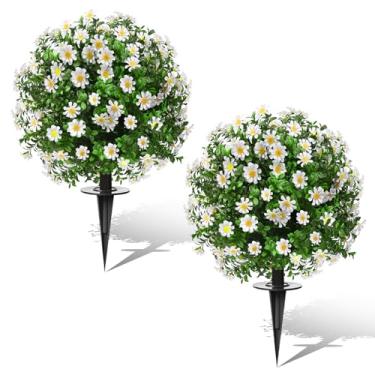 Imagem de Conjunto de 2 bolas artificiais de buxo com flores de girassol com pontas para ambientes externos, arbustos artificiais resistentes a UV, plantas de arbustos falsos realistas para jardim, quintal