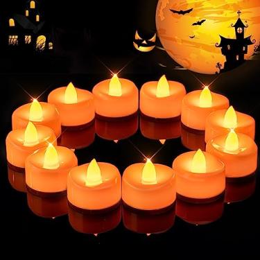 Imagem de merrynights Velas sem chama de Halloween, pacote com 12 velas de chá laranja operadas a pilhas, luzes LED de abóbora cintilantes, velas elétricas falsas, 3,8 cm P x 3,8 cm A