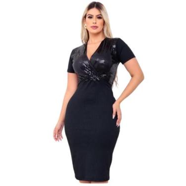 Imagem de Vestido Feminino Preto com Brilho e Paetê, Manga Curta, Elegante e Soc