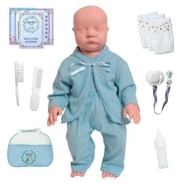 Imagem de Bebê Reborn Vinil Silicone com Roupinha Azul e Mamadeira - Cegonha Reb