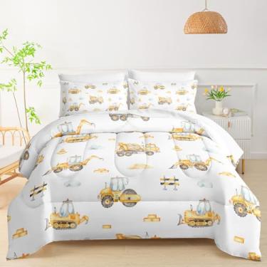 Imagem de QOOMO Conjunto de 7 peças para decoração de quarto infantil, com estampa de escavadeira, desenho de escavadeira, tamanho casal com 2 fronhas brancas, 2 fronhas estampadas