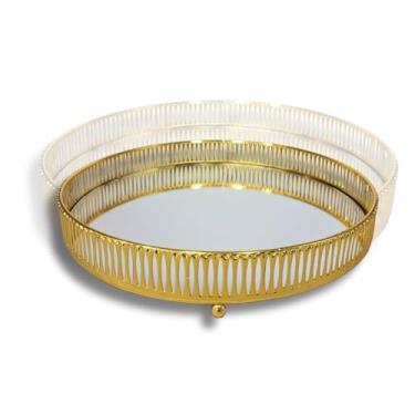 Imagem de Bandeja Decorativa Redonda Luxo Espelhada em Metal Estampa Grelha para Lavabo, Banheiro e Decoração de Mesa (Dourada)