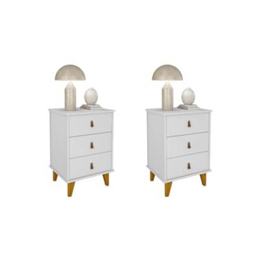 Imagem de 02 Mesa de Cabeceira com Puxador de Couro com 03 Gavetas Grécia (Branco)