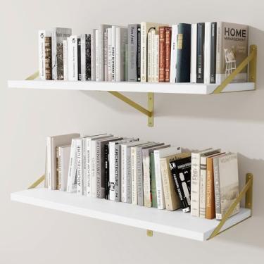 Imagem de Prateleiras de parede profundas 91 cm L x 30 cm P Prateleiras flutuantes de madeira projetada para parede, suporte de metal resistente (ouro) Estantes de livros para decoração de casa, sala de estar