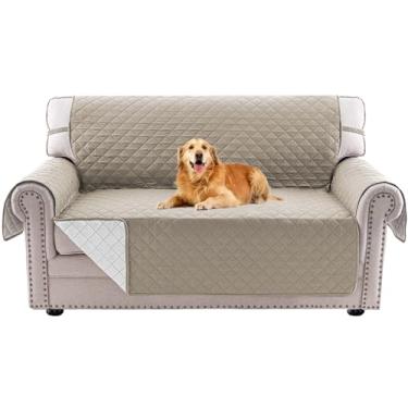 Imagem de PrinceDeco Capas de sofá reversíveis para sofá de 2 almofadas, padrão xadrez pequeno, resistente à água, para animais de estimação, cães e gatos GG (namoradeira 137 cm, cáqui/bege)