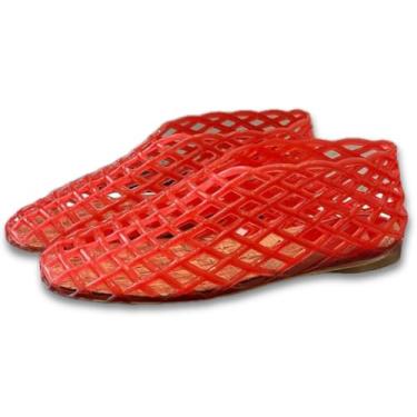 Imagem de V OPXIN Jelly Mesh Sapatilhas de balé femininas transparentes vazadas sandálias bico redondo antiderrapante praia bailarina gelatina sapatos rasos, Vermelho, 38