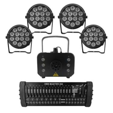 Imagem de Kit 4 Par Led Slim + Máquina De Fumaça 1200W + Mesa Dmx 384 - Sanyi Li