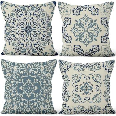 Imagem de Vie Savaran Conjunto de 4 capas de almofada decorativas Boho 50,8 x 50,8 cm, azul marinho, vintage, floral, marroquino, para sofá, cama, cadeira, sala de estar, quinta, pátio, casa, interior, exterior
