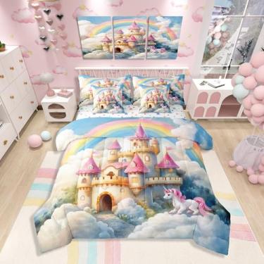 Imagem de Conjunto de cama solteiro, castelo de princesa, temática de conto de fadas, aquarela, céu arco-íris, para crianças, desenho animado, unicórnio, fantasia, animal, conjunto de edredom feminino com