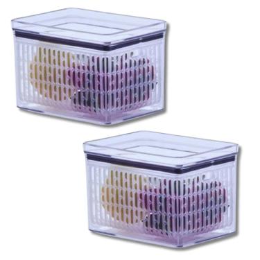 Imagem de Kit com 2 Potes Herméticos com Cesto Interno | Pote Organizador Transparente para Geladeira, Mantém Frutas, Legumes e Verduras Frescos, Recipiente com Tampa Vedada para Conservação 18x13x12cm
