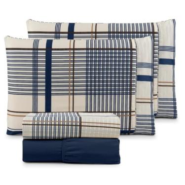 Imagem de LençOl Casal Com Elastico Conjunto De Roupa De Cama,Jogo De LençOl 100% AlgodãO Ponto Palito Estampado 1.98 * 1.58cm (XADREZ AZUL)