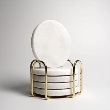 Imagem de Lasungreen Porta-copos modernos de mármore branco brilhante de 10 cm com suporte de metal dourado, porta-copos redondos de pedra natural, conjunto de 6, decorativos para casa