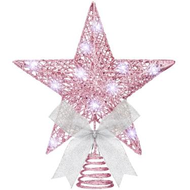 Imagem de Sumind Enfeite de árvore de Natal de 25 cm, enfeite de topo de árvore de estrela brilhante com laço e 30 luzes de LED para decoração de festa de Natal em ambientes internos (rosa)