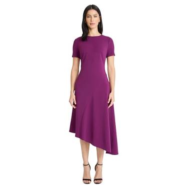 Imagem de Maggy London Vestidos femininos midi de manga curta com gola redonda e bainha assimétrica flare, Roxo escuro, 46