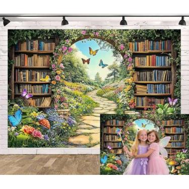 Imagem de Enchanted Forest Fairy Library Backdrop, Spring Woodland Bookshelf Tea Party, decoração de festa de chá de bebê, decoração de festa de aniversário, faixa de chá de bebê, adereços para cabine