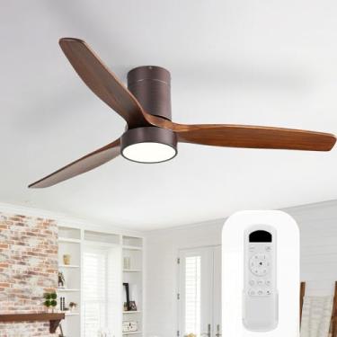 Imagem de Sofucor Ventiladores de teto de perfil baixo de 132 cm com luzes e controle remoto, ventilador de teto moderno de 3 montagem embutida de madeira maciça, 6 velocidades 5000 CFM, LED de 3 cores
