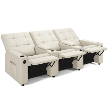 Imagem de Poltrona do Papai Reclinável Cinema 3 Lugares Manual Baú USB Haifa F05 Veludo Bege - Lyam Decor