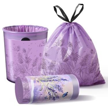 Imagem de Pequenos sacos de lixo perfumados de lavanda, sacos de lixo de 4 galões com cordão para banheiro, cozinha, escritório, quarto, estampa bonita, 50 unidades