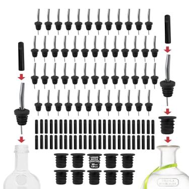 Imagem de Pacote com 50 dosadores de garrafa de aço inoxidável - 50 tampas de poeira e 10 adaptadores - Bocal sem gotejamento - bicos para bebidas alcoólicas e barmans - Bico de velocidade de ajuste universal