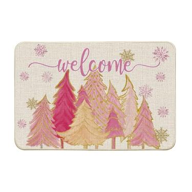 Imagem de Artoid Mode Tapete de árvore rosa floco de neve Natal em julho, decoração de casa de inverno, tapete de interruptor de perfil baixo, tapete de porta para ambientes internos e externos, 61 x 89 cm