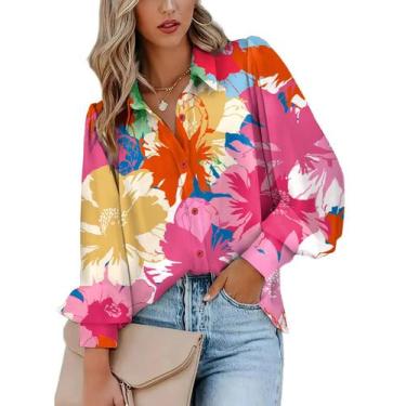 Imagem de Blusa feminina Zeagoo com botões, floral, decote em V, manga comprida