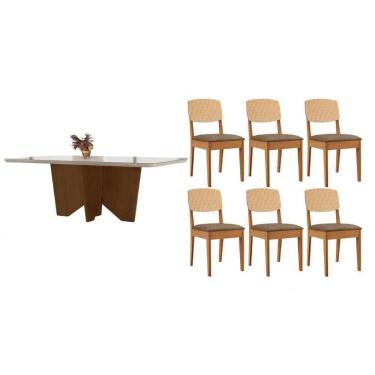 Imagem de Conjunto Sala de Jantar Nevada c/ Tampo Madeirado c/ Vidro Canto Curvo 180x90cm e 6 Cadeiras Havana Premium Naturale/Off White - Capuccino/Suede Capuc