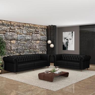 Imagem de Conjunto de Sofá Sala de Estar Stanford Chesterfield 2 e 3 Lugares 200cm/240cm Pés Madeira Couro Preto Brilho G58 - Gran Belo