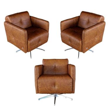 Imagem de Kit 3 Poltronas Giratória para Sala de Estar Astana Couro Caramelo - Gran Belo