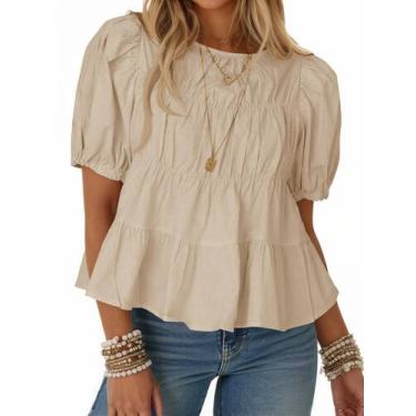 Imagem de Blusa feminina Tankaneo de manga bufante de algodão peplum de damasco