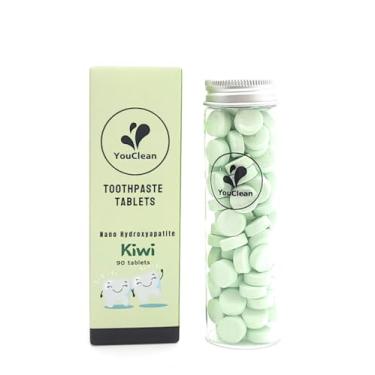 Imagem de YouClean 90 comprimidos de pasta de dente em tubo de vidro de recarga/reciclagem - para viagens e uso diário em casa - Nano hidroxiapatita, sem flúor, vegano (kiwi)