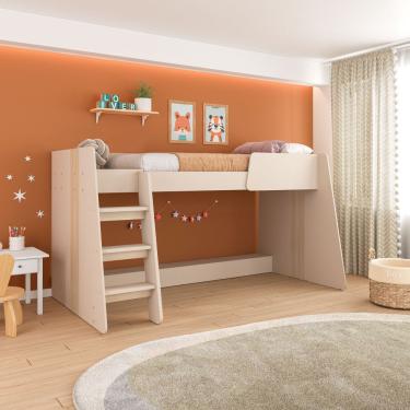 Imagem de Cama Infantil Alta Solteiro com Escada Isis Mobikasa - Off White Fosco/Legno Salinas