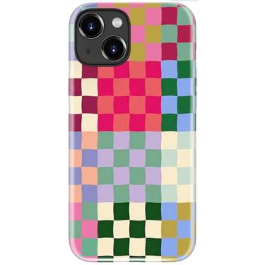 Imagem de STARVIP Capa fofa para iPhone 15 – Compatível com carregamento sem fio – Capa rígida de camada dupla + capa de silicone – Capa protetora estética moderna para mulheres – Tabuleiro xadrez patchwork