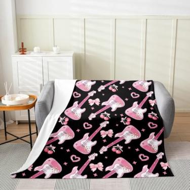 Imagem de jejeloiu Cobertor de lã de guitarra rosa preto cobertor musical de flanela felpudo música rock para cama sofá cadeira sala de estar bebê 76.2 cm x 101.6 cm decoração de quarto