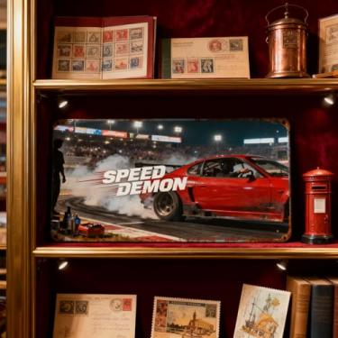Imagem de 1 peça de arte de parede de metal Speed Demon Racing Car Drift Red Sports Car Night Racing Stadium Lights Smoke Decor para sala de estar, casa, escritório, bar, garagem, preto, 30 x 15 cm